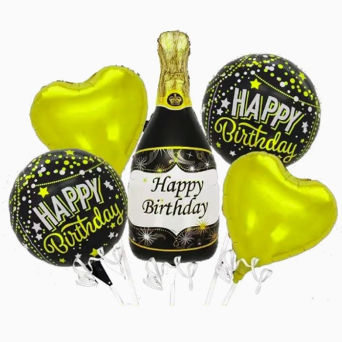 Baloane pentru aniversare, flippy, tematica happy birthday, set 5 baloane, 1 sticla sampanie 103 x 94 cm, 2 inimi, 2 rotunde, din folie de aluminiu, p