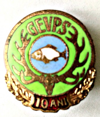 INSIGNA GEVPS 10 ANI PESTE ALB PE FOND ALBASTRU DESCHIS AGVPS VANATOARE PESCUIT foto