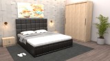 Dormitor Regal cu Pat Tapitat Negru imitatie piele cu dulap usi glisante Sonoma fara oglinda si fara comoda Tv