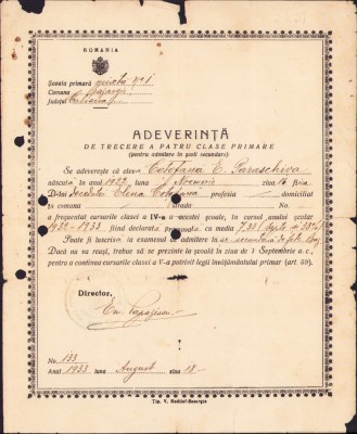 HST A716 Adeverință absolvire 4 clase 1933 Bazargic Caliacra Cadrilater foto
