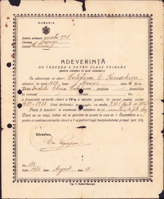 HST A716 Adeverință absolvire 4 clase 1933 Bazargic Caliacra Cadrilater