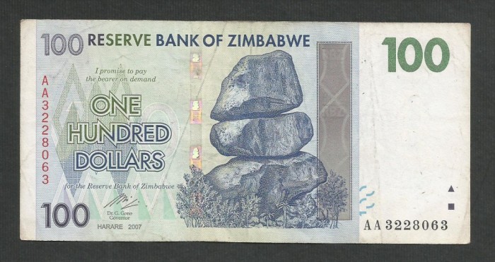 ZIMBABWE 100 DOLARI DOLLARS 2007 [4] P- 69 , VF