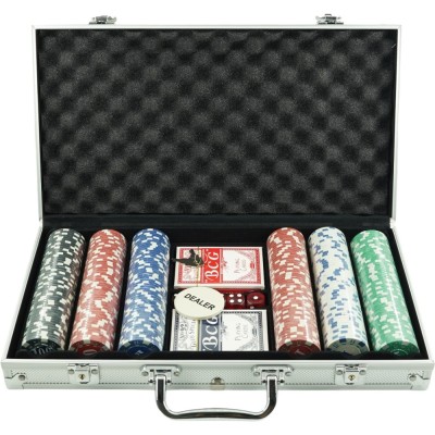 Set de poker complex cu 300 de jetoane flippy, include 2 seturi de carti, 5 zaruri, echipat cu servieta de aluminiu cu dimensiunile 39x7x27 cm foto