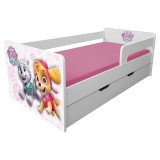 Pat pentru copii Dogs Pink cu sertar, protectii laterale detasabile reversibile, Pal melaminat, margini rotunjite, 2-8 ani, 144x76x45 cm, alb roz