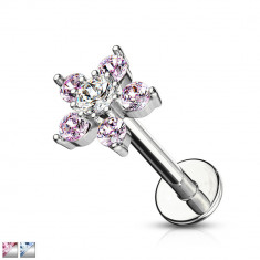 Piercing pentru bărbie, buză sau ureche - floare cu petale de zircon, 8 mm - Culoare zirconiu piercing: Roz - Transparent