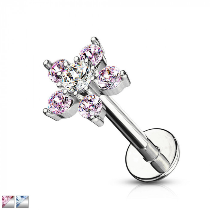 Piercing pentru bărbie, buză sau ureche, din oțel - floare cu petale de zircon, 6 mm - Culoare zirconiu piercing: Albastru - Transparent