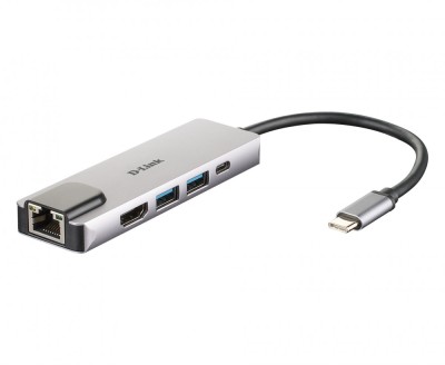 HUB extern D-LINK, porturi Gigabit LAN x 1, USB 3.0 x 2, HDMI x 1, USB Type C x 1, conectare prin USB Type C, cablu 17 cm, argintiu &amp;quot;DUB-M520&amp;quot; (timbru foto