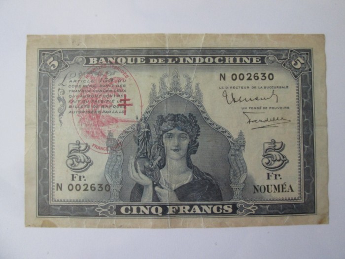 Rara! Noumea(Noua Caledonie) 5 Francs 1944 seria:002630,bancnota din imagini