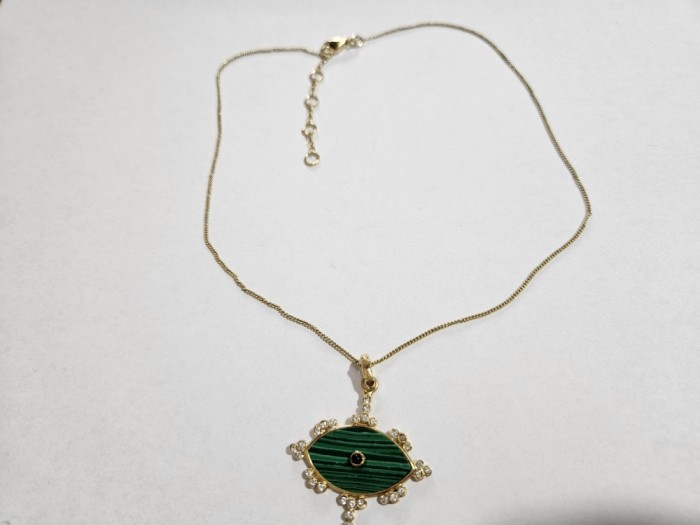 Lant argint aurit si pandantiv cu malachit, onix si cristale #3063