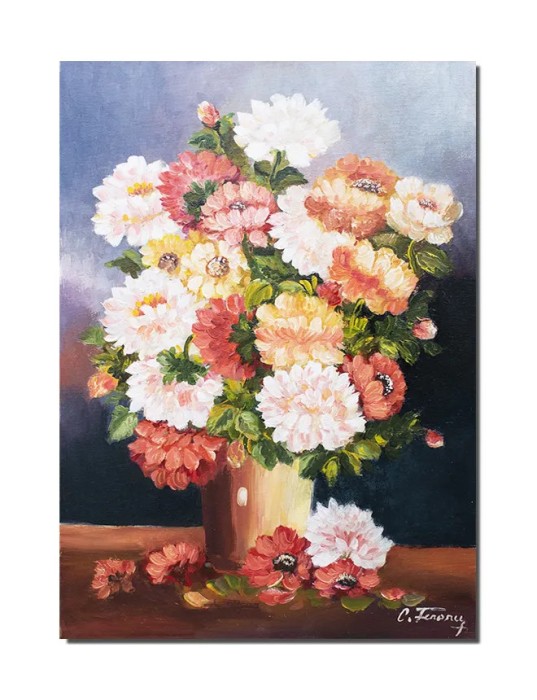 Tablou vaza cu crizanteme pictat manual, Magie florala, 70x50cm ulei pe panza, Constantin Feraru