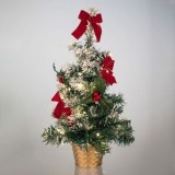 Brad Decorativ Masa Inzăpezit 50cm LED Aurii, Ghiveci Aurit, Fundite Rosii, Multicolor, Baterii, Craciun de Poveste
