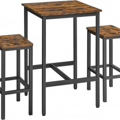 Set masa de bar si 2 scaune Vasagle, 60 x 60 x 90 cm / 30 x 40 x 35 cm, PAL/otel, maro rustic