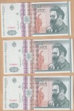 (2) SET 3 BANCNOTE ROMANIA - 500 LEI 1992 SERII CONSECUTIVE, PORTRET BRANCUSI, FILIGRAN LATERAL, STARE AUNC/UNC