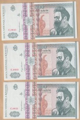 (2) SET 3 BANCNOTE ROMANIA - 500 LEI 1992 SERII CONSECUTIVE, PORTRET BRANCUSI, FILIGRAN LATERAL, STARE AUNC/UNC