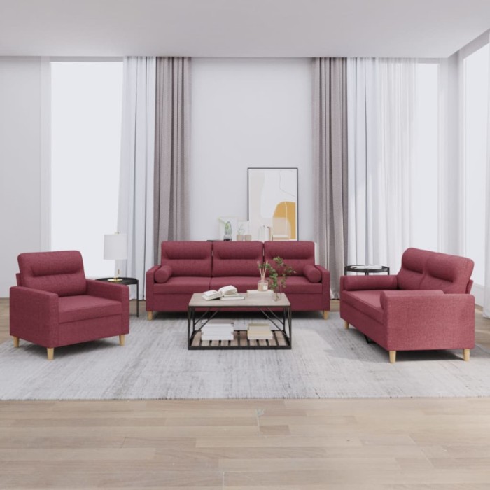 vidaXL Set canapea cu perne, 3 piese, roșu vin, material textil 3201558