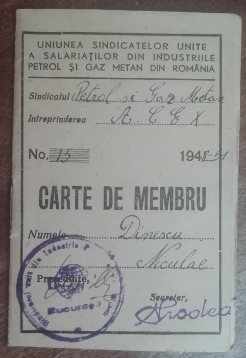 M3 C18 - 1948 - Carte de membru - Uniunea sindicatelor din petrol si gaz metan