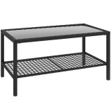 Outsunny Măsuță de Cafea din Ratan pe 2 Niveluri cu Raft, Blat din Sticlă Securizată, Măsuță de Exterior cu Cadru din Oțel, 92x50x45 cm, Negru | Aosom