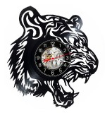 Ceas de perete decorativ realizat din disc de vinil, Model Tigru Racnind Animal Salbatic Tribal Negru, 30 cm