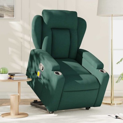 vidaXL Fotoliu rabatabil de masaj, cu ridicare, verde &amp;icirc;nchis, textil foto