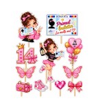 Set 8 Toppere pentru Tort Majorat Mic Fata, La Multi Ani 14 Ani, Primul Buletin, Roz, 5-10 cm