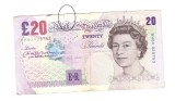 Bancnota Marea Britanie 5 pounds/lire 1999-2004, semnatura ML, circulata, stare buna, mica ruptura