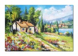 Cumpara ieftin Tablou peisaj de vara cu flori si casa pictat manual, O zi insorita, 70x50cm ulei pe panza, Constantin Feraru