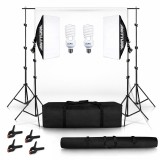Cumpara ieftin Set studio iluminare cu 2 softbox, 2 becuri fluorescente spiralate 45W, white screen, clame pentru panza, geanta transport