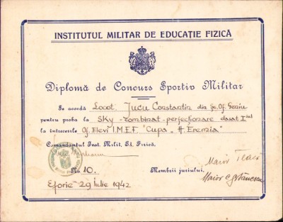 HST A2236 Diplomă de Concurs Sportiv Militar locul I schi Eforie 1942 foto