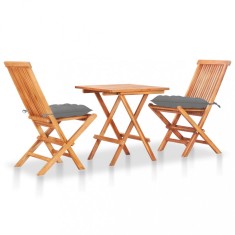 Gossi set mobilier de bistro cu perne gri, 3 piese, lemn masiv de tec