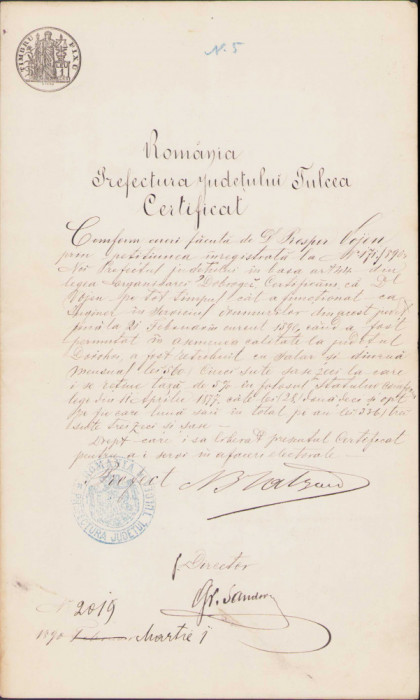 HST 240S Prefect Tulcea N Bratu 1890 semneaza olograf certificat profesional