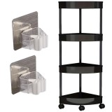 Cumpara ieftin Etajera de Colt 4 Niveluri, Negru + 2 Suporturi Autoadezive pentru Mop si Matura, 34x25x88 cm