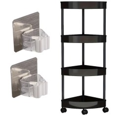 Etajera de Colt 4 Niveluri, Negru + 2 Suporturi Autoadezive pentru Mop si Matura, 34x25x88 cm