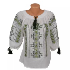 Bluza Tip Ie Traditionala Alba cu Motiv Geometric Verde de Dama - IMS66