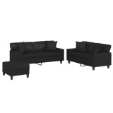 Set de canapele cu perne, 3 piese, negru, piele ecologica