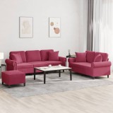 Set canapele cu perne, 3 piese, roșu vin, catifea