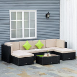 Outsunny Set 7 Piese Living pentru Exterior din PE Rattan cu Canapea Puf Masuta Negru si Kaki