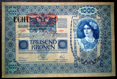 52 AUSTRIA UNGARIA 1000 KRONEN KORONA 1902/1919 OVERPRINT ECHT SR. 683 foto