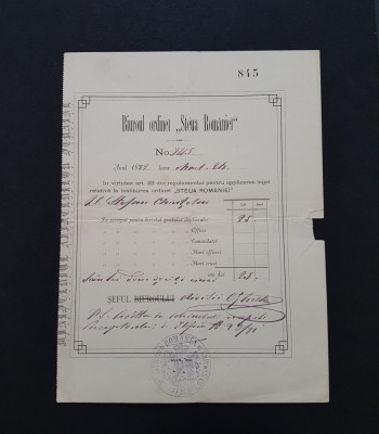 1882 Dovada plata brevet , ordinul Steaua Romaniei cavaler foto