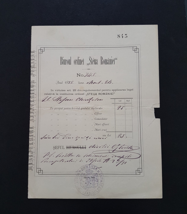 1882 Dovada plata brevet , ordinul Steaua Romaniei cavaler