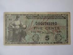 Statele Unite ale Americii 5 Cents Military Payment Certificates 1951-1954 foto