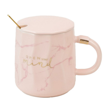 Cana cu capac din ceramica si lingurita Pufo Mind &amp;amp; Life pentru cafea sau ceai, 350 ml, roz foto