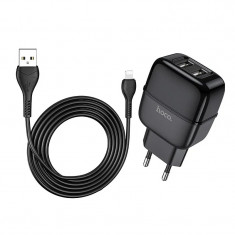 Set Incarcator Retea Hoco C77A Highway 2xUsb + Cablu Date Lightning 1m Negru