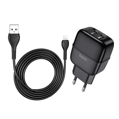 Set Incarcator Retea Hoco C77A Highway 2xUsb + Cablu Date Lightning 1m Negru foto