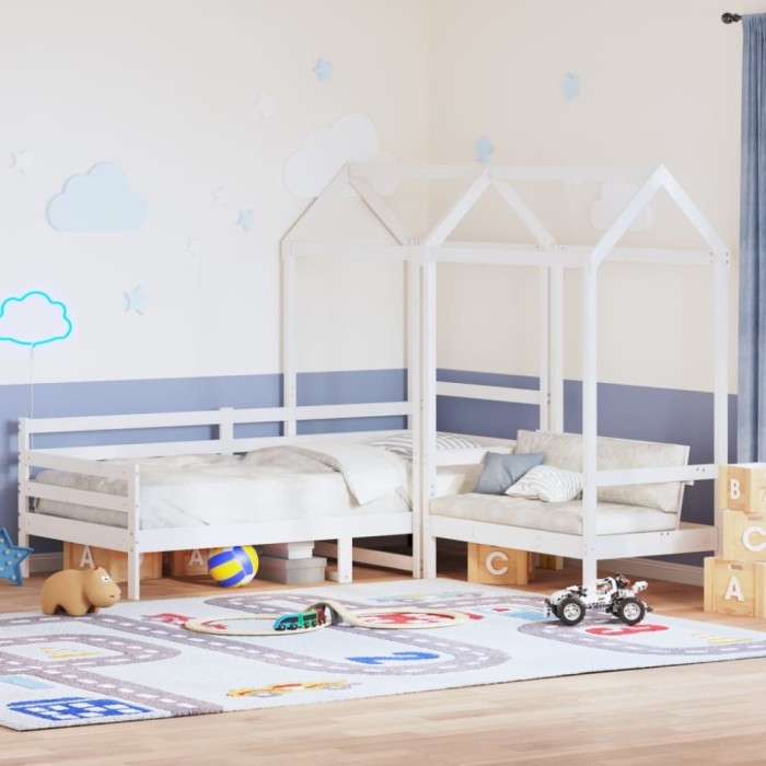Set pat de zi/bancă cu acoperiș alb 80x200 cm lemn masiv de pin