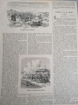 Pagina de ziar cu litografii lupte la Medgidia, Dobrogea, Bucuresti 1877-1878 foto