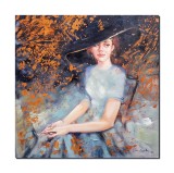Cumpara ieftin Tablou tanara cu palarie pictat manual, Eleganta , 60x60cm pictura ulei pe panza, Mircea Iordache