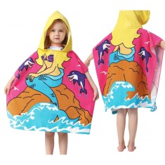 Prosop de baie si plaja, tip pelerina halat cu gluga, model sirena pentru fetite, PEL01WZ17