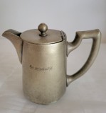 Carafa din alpaca, cu capac , letiera veche germana, inceput secol 20, obiect de hotel , cu mai multe marcaje