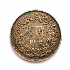 moneda argint _ Elvetia 1/2 francs 1959 _ km # 23 _ AG. 835