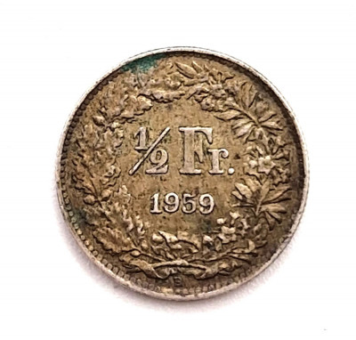 moneda argint _ Elvetia 1/2 francs 1959 _ km # 23 _ AG. 835 foto